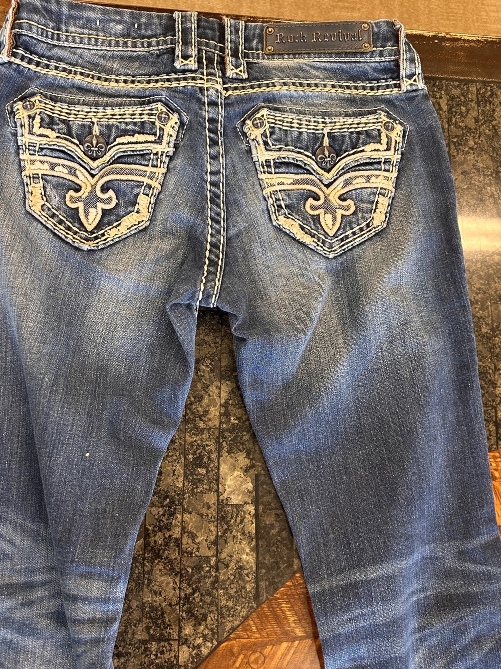 Rock Revival Boot Cut Jeans in Medium Blue with Gold Embroidery - Picture 6 of 6